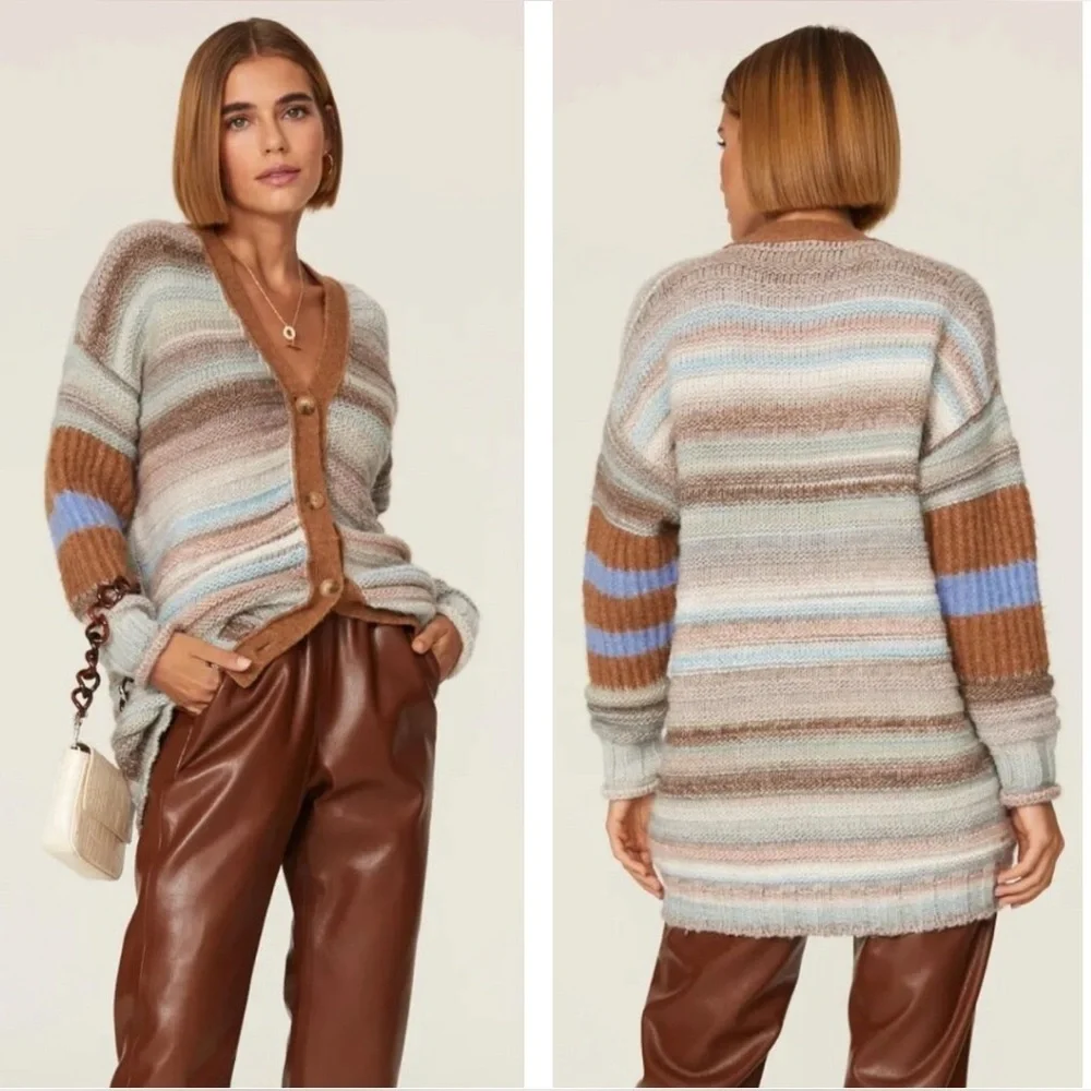 $258 Anthropology Sita Murt  Wool Blend Sweater Cardigan Brown Blue Boho Peasant